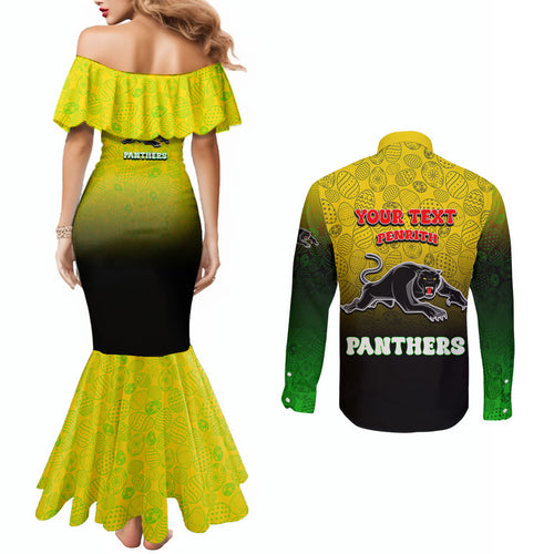 Personalized Penrith Panthers Couples Matching Mermaid Dress and Long Sleeve Button Shirt Easter Mascot - Colorful Eggs Cartoon Style