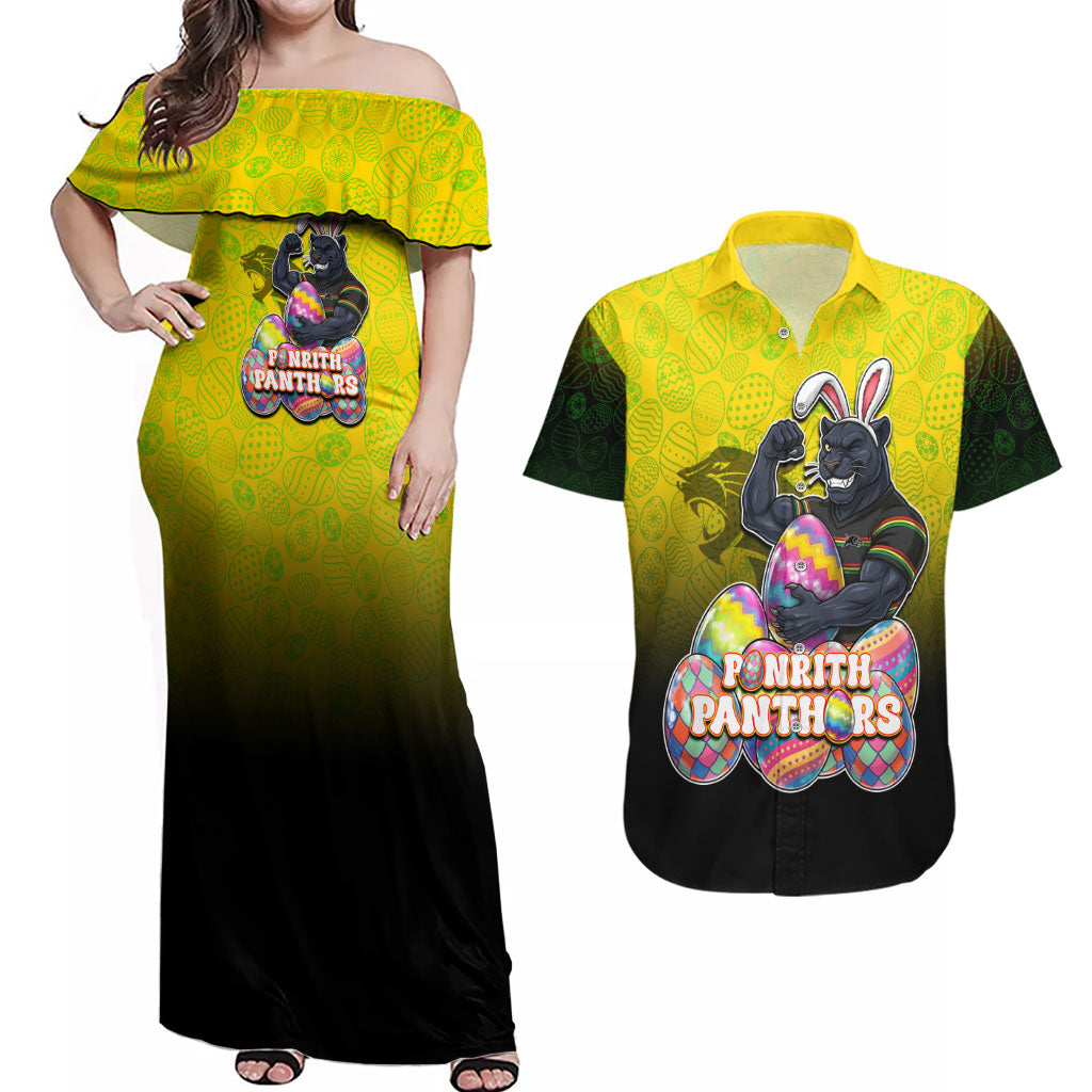 Personalized Penrith Panthers Couples Matching Off Shoulder Maxi Dress and Hawaiian Shirt Easter Mascot - Colorful Eggs Cartoon Style