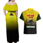 Personalized Penrith Panthers Couples Matching Off Shoulder Maxi Dress and Hawaiian Shirt Easter Mascot - Colorful Eggs Cartoon Style