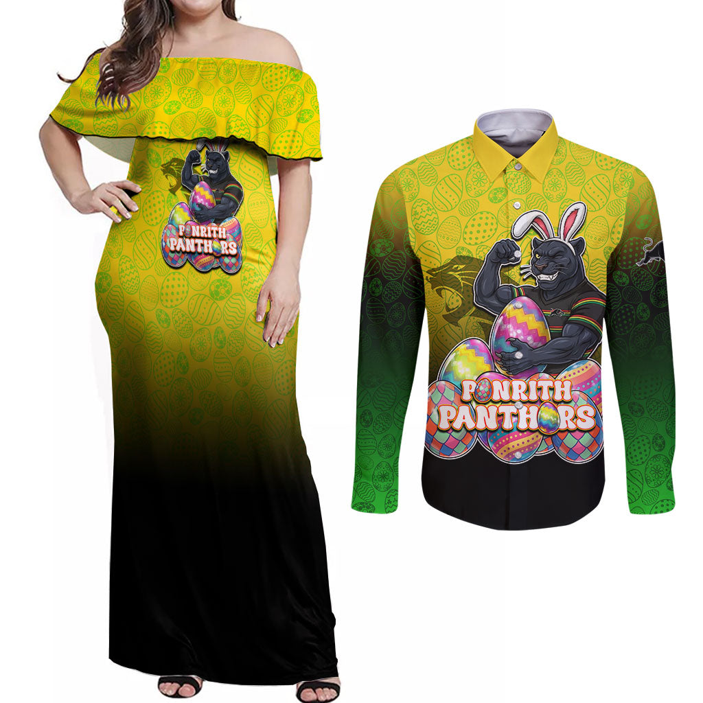 Personalized Penrith Panthers Couples Matching Off Shoulder Maxi Dress and Long Sleeve Button Shirt Easter Mascot - Colorful Eggs Cartoon Style