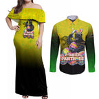Personalized Penrith Panthers Couples Matching Off Shoulder Maxi Dress and Long Sleeve Button Shirt Easter Mascot - Colorful Eggs Cartoon Style