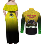Personalized Penrith Panthers Couples Matching Off Shoulder Maxi Dress and Long Sleeve Button Shirt Easter Mascot - Colorful Eggs Cartoon Style
