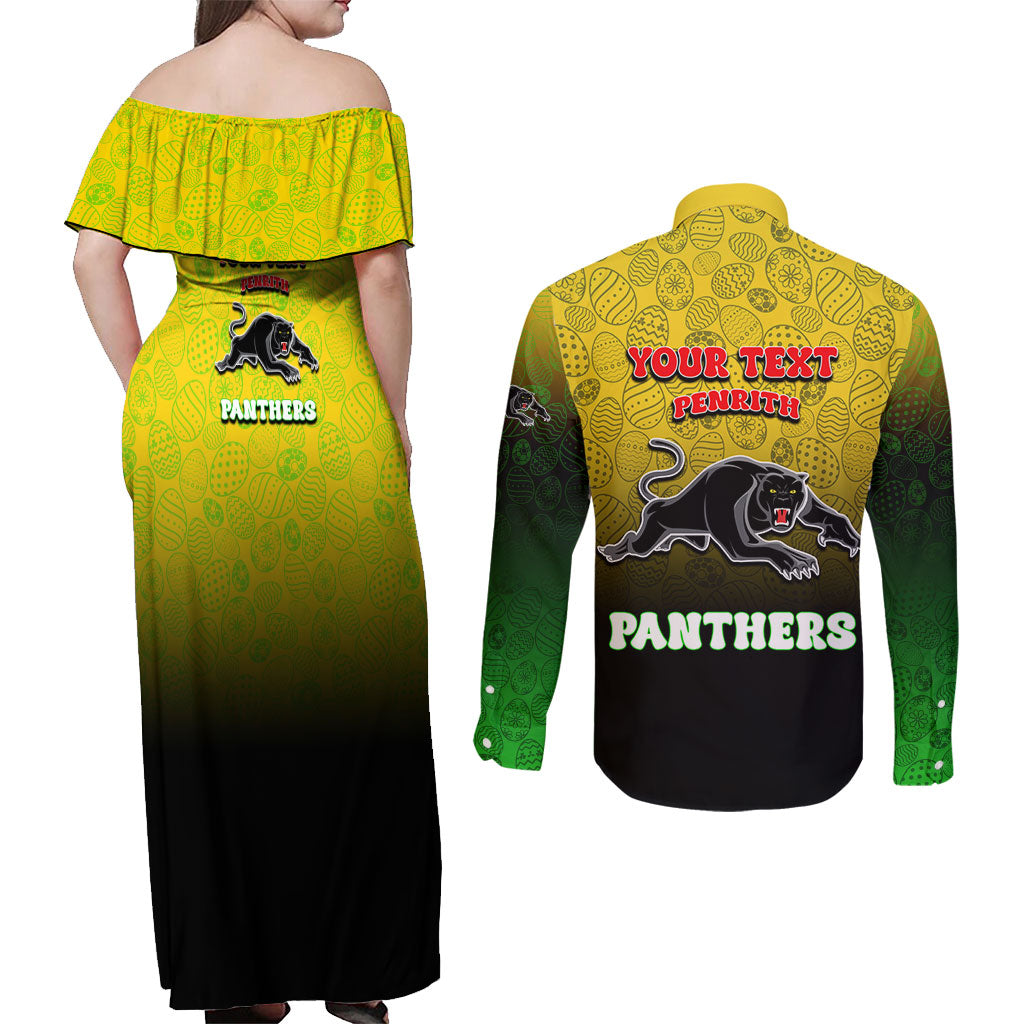 Personalized Penrith Panthers Couples Matching Off Shoulder Maxi Dress and Long Sleeve Button Shirt Easter Mascot - Colorful Eggs Cartoon Style