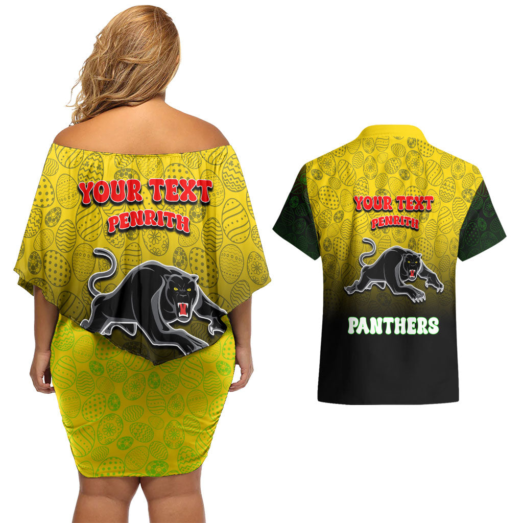 Personalized Penrith Panthers Couples Matching Off Shoulder Short Dress and Hawaiian Shirt Easter Mascot - Colorful Eggs Cartoon Style