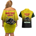 Personalized Penrith Panthers Couples Matching Off Shoulder Short Dress and Hawaiian Shirt Easter Mascot - Colorful Eggs Cartoon Style