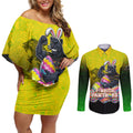 Personalized Penrith Panthers Couples Matching Off Shoulder Short Dress and Long Sleeve Button Shirt Easter Mascot - Colorful Eggs Cartoon Style