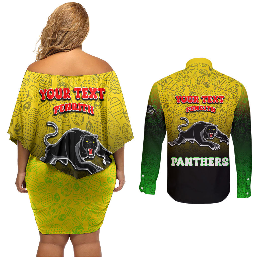 Personalized Penrith Panthers Couples Matching Off Shoulder Short Dress and Long Sleeve Button Shirt Easter Mascot - Colorful Eggs Cartoon Style