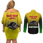 Personalized Penrith Panthers Couples Matching Off Shoulder Short Dress and Long Sleeve Button Shirt Easter Mascot - Colorful Eggs Cartoon Style