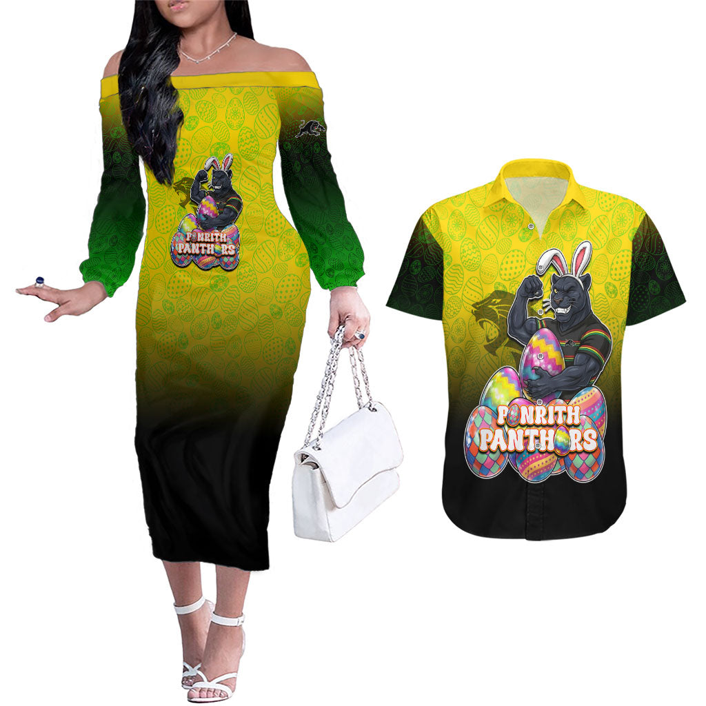 Personalized Penrith Panthers Couples Matching Off The Shoulder Long Sleeve Dress and Hawaiian Shirt Easter Mascot - Colorful Eggs Cartoon Style