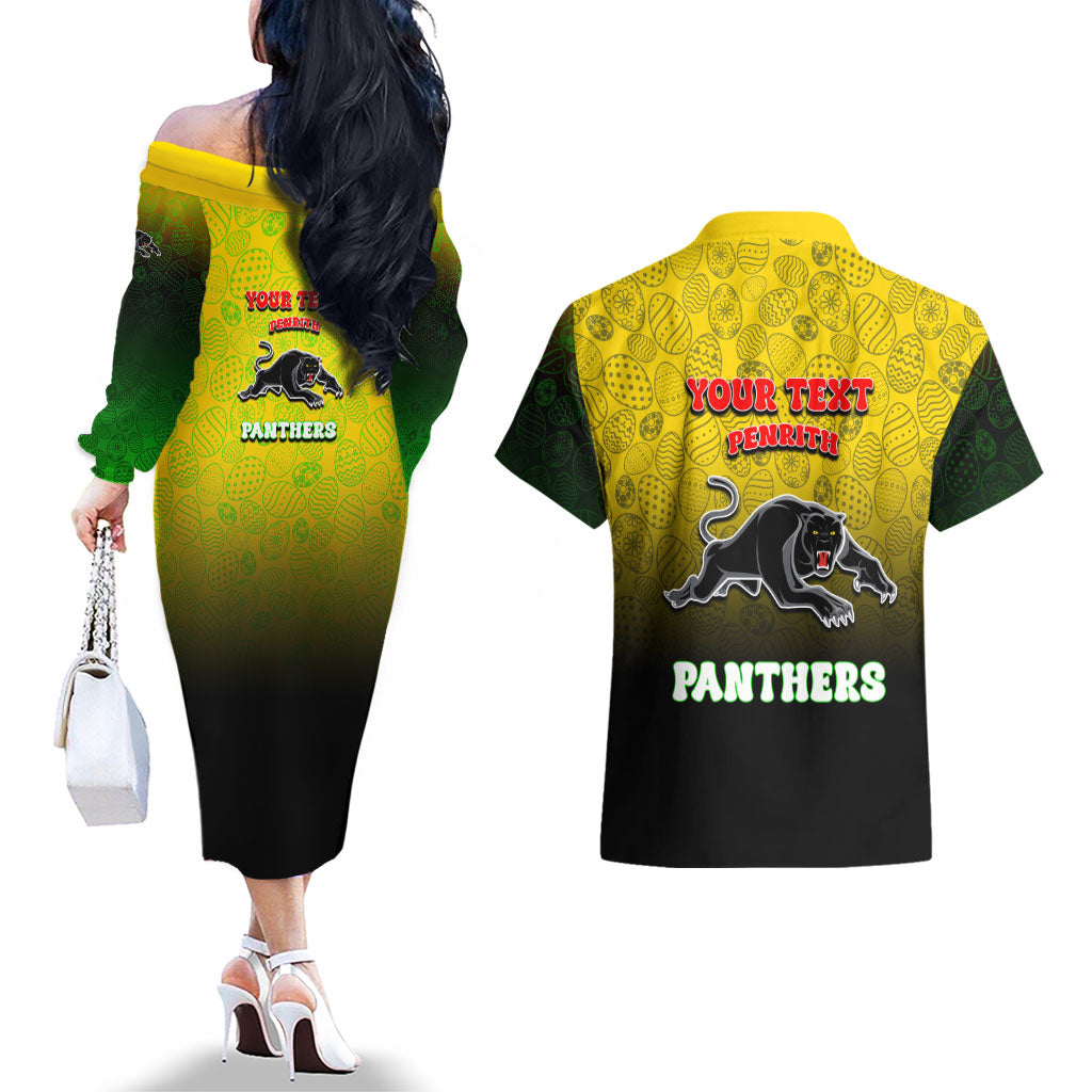 Personalized Penrith Panthers Couples Matching Off The Shoulder Long Sleeve Dress and Hawaiian Shirt Easter Mascot - Colorful Eggs Cartoon Style