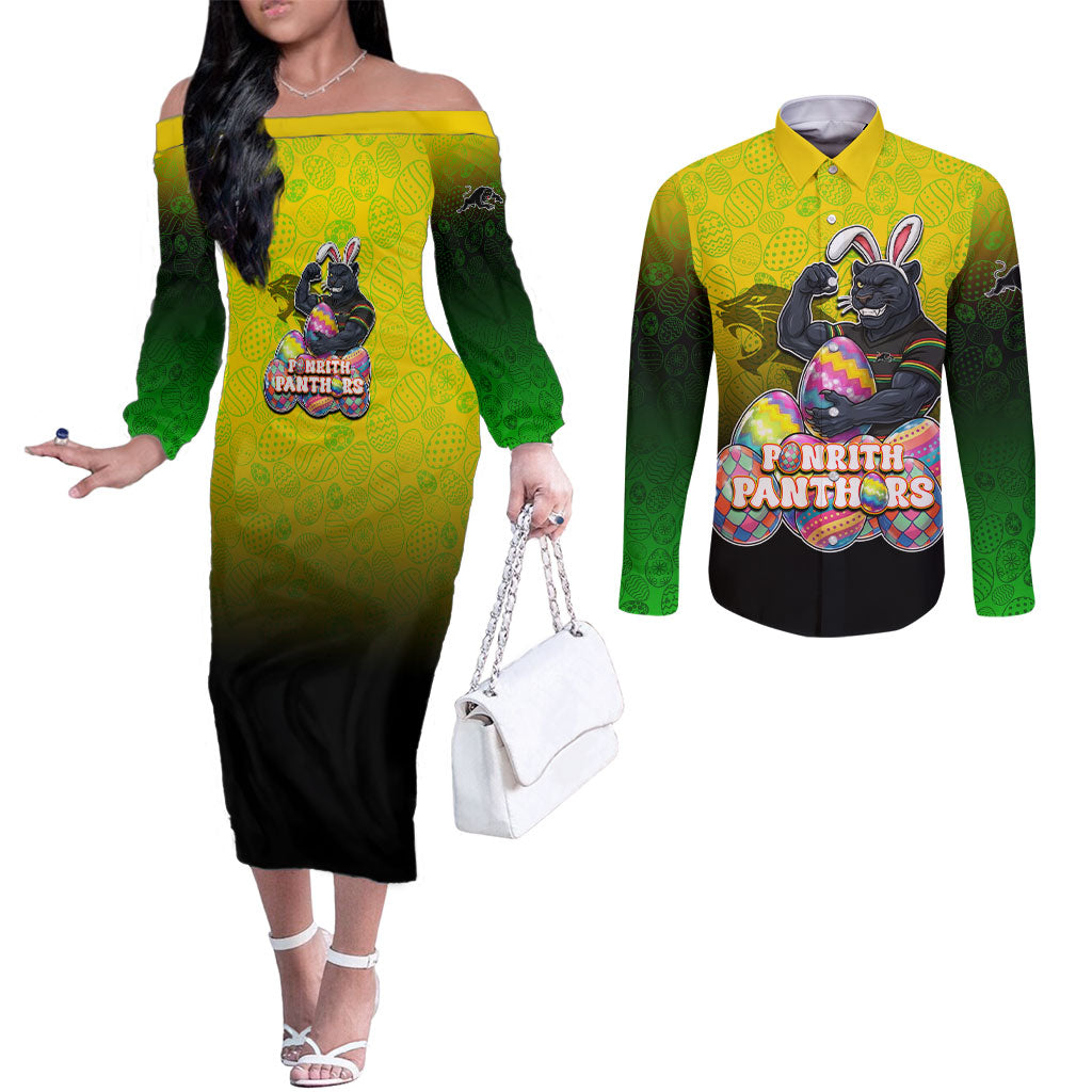 Personalized Penrith Panthers Couples Matching Off The Shoulder Long Sleeve Dress and Long Sleeve Button Shirt Easter Mascot - Colorful Eggs Cartoon Style