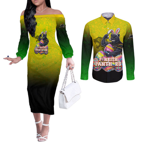 Personalized Penrith Panthers Couples Matching Off The Shoulder Long Sleeve Dress and Long Sleeve Button Shirt Easter Mascot - Colorful Eggs Cartoon Style
