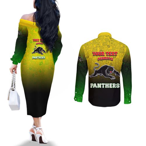 Personalized Penrith Panthers Couples Matching Off The Shoulder Long Sleeve Dress and Long Sleeve Button Shirt Easter Mascot - Colorful Eggs Cartoon Style