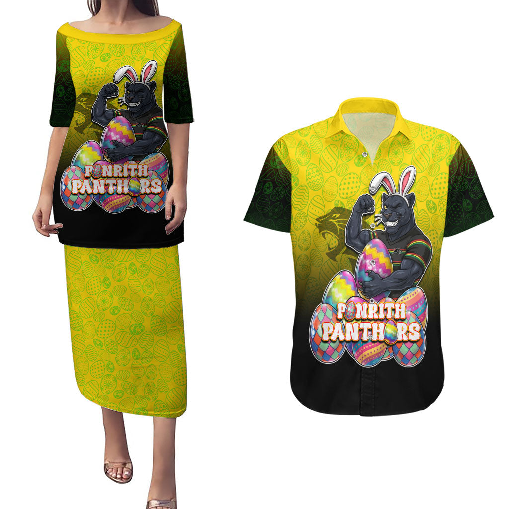 Personalized Penrith Panthers Couples Matching Puletasi and Hawaiian Shirt Easter Mascot - Colorful Eggs Cartoon Style