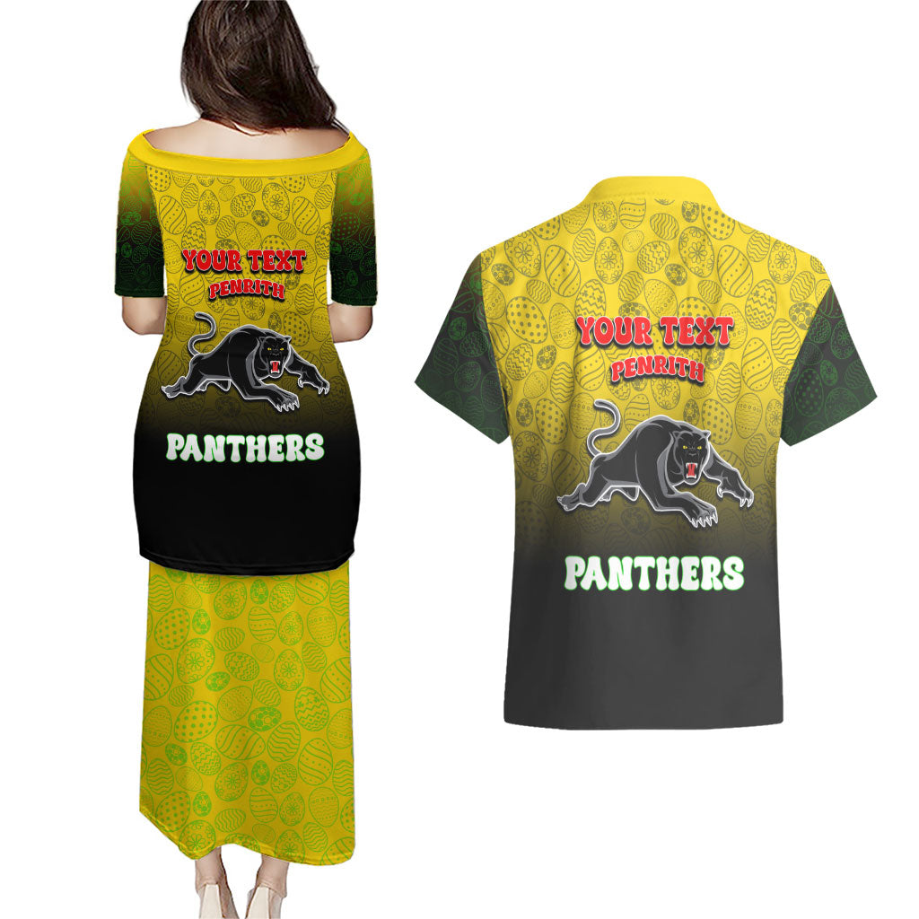 Personalized Penrith Panthers Couples Matching Puletasi and Hawaiian Shirt Easter Mascot - Colorful Eggs Cartoon Style