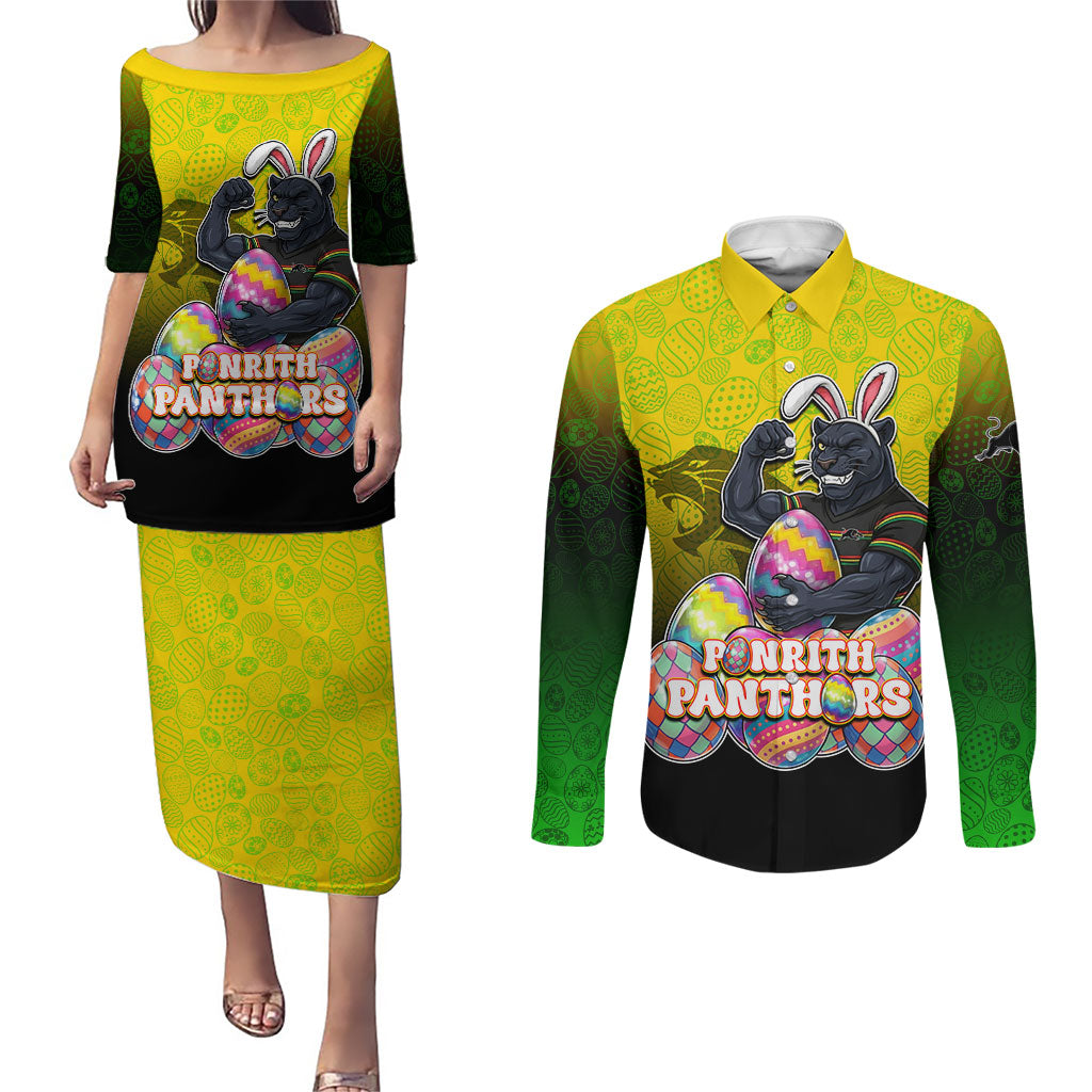 Personalized Penrith Panthers Couples Matching Puletasi and Long Sleeve Button Shirt Easter Mascot - Colorful Eggs Cartoon Style