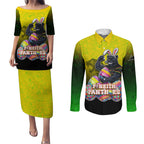 Personalized Penrith Panthers Couples Matching Puletasi and Long Sleeve Button Shirt Easter Mascot - Colorful Eggs Cartoon Style