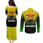 Personalized Penrith Panthers Couples Matching Puletasi and Long Sleeve Button Shirt Easter Mascot - Colorful Eggs Cartoon Style