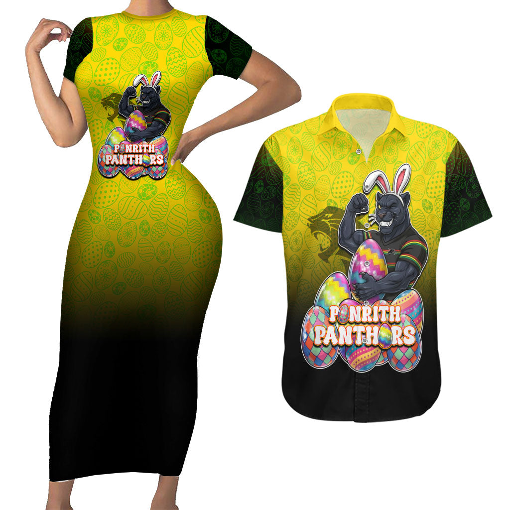 Personalized Penrith Panthers Couples Matching Short Sleeve Bodycon Dress and Hawaiian Shirt Easter Mascot - Colorful Eggs Cartoon Style