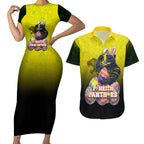 Personalized Penrith Panthers Couples Matching Short Sleeve Bodycon Dress and Hawaiian Shirt Easter Mascot - Colorful Eggs Cartoon Style