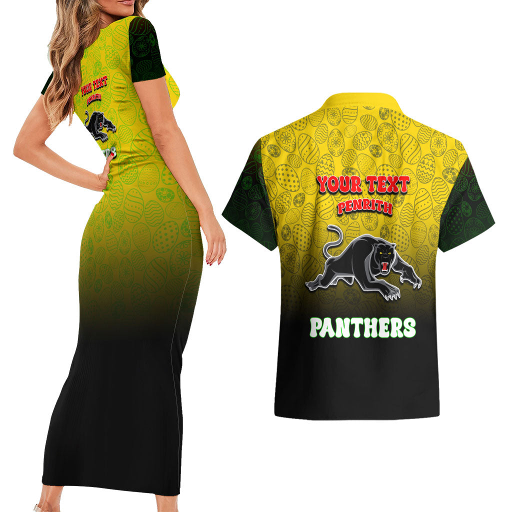 Personalized Penrith Panthers Couples Matching Short Sleeve Bodycon Dress and Hawaiian Shirt Easter Mascot - Colorful Eggs Cartoon Style
