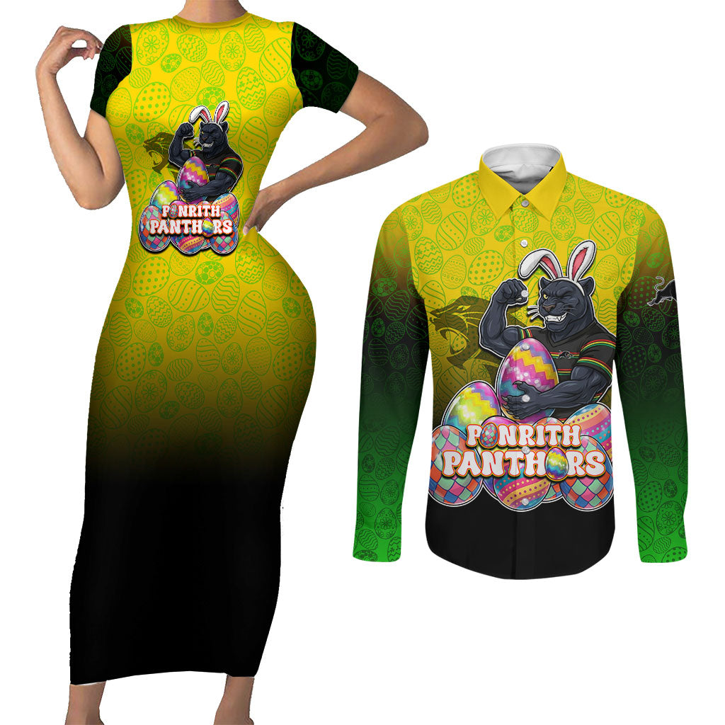 Personalized Penrith Panthers Couples Matching Short Sleeve Bodycon Dress and Long Sleeve Button Shirt Easter Mascot - Colorful Eggs Cartoon Style