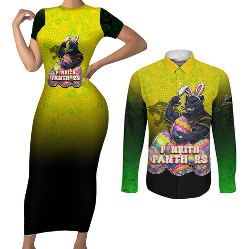 Personalized Penrith Panthers Couples Matching Short Sleeve Bodycon Dress and Long Sleeve Button Shirt Easter Mascot - Colorful Eggs Cartoon Style