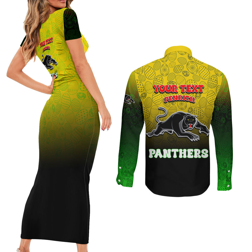 Personalized Penrith Panthers Couples Matching Short Sleeve Bodycon Dress and Long Sleeve Button Shirt Easter Mascot - Colorful Eggs Cartoon Style