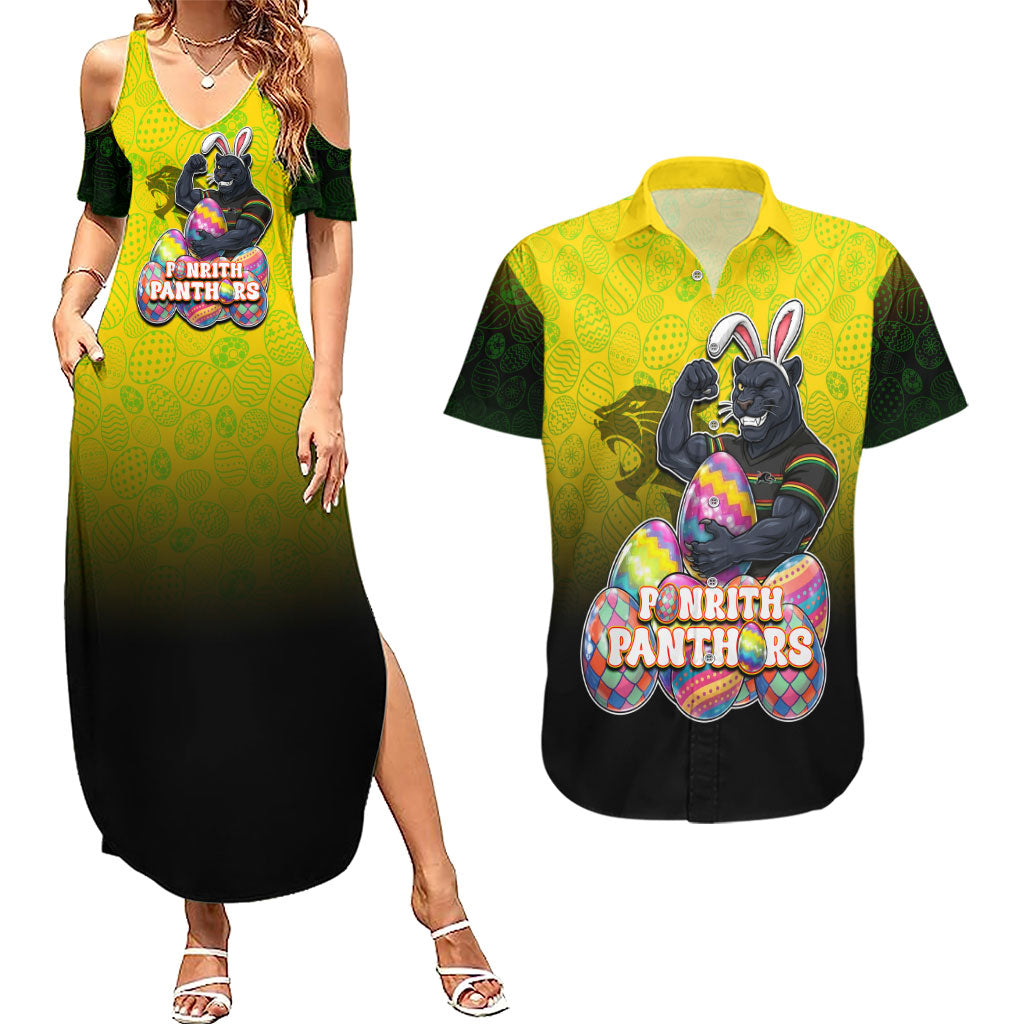 Personalized Penrith Panthers Couples Matching Summer Maxi Dress and Hawaiian Shirt Easter Mascot - Colorful Eggs Cartoon Style