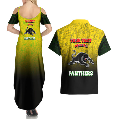 Personalized Penrith Panthers Couples Matching Summer Maxi Dress and Hawaiian Shirt Easter Mascot - Colorful Eggs Cartoon Style