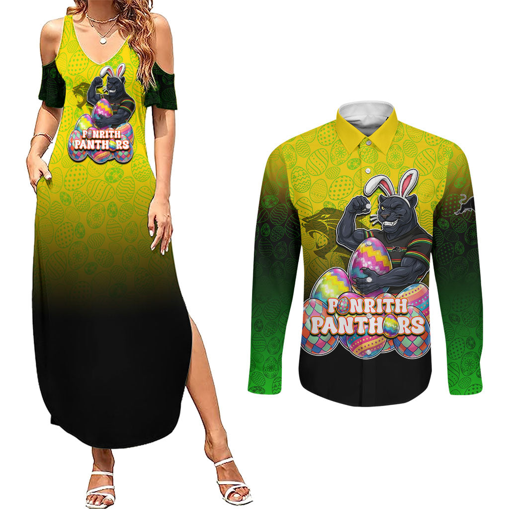 Personalized Penrith Panthers Couples Matching Summer Maxi Dress and Long Sleeve Button Shirt Easter Mascot - Colorful Eggs Cartoon Style