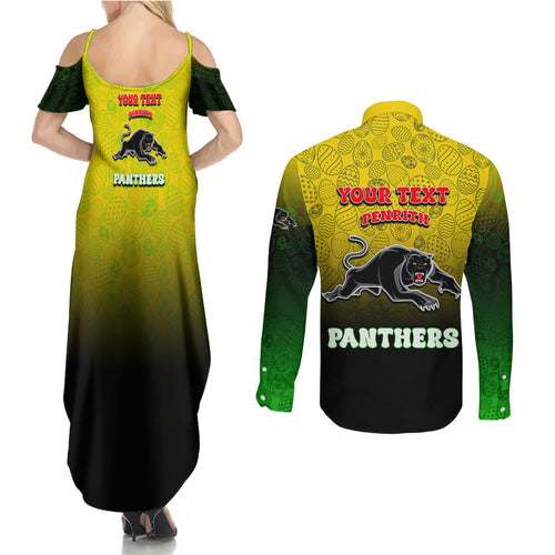 Personalized Penrith Panthers Couples Matching Summer Maxi Dress and Long Sleeve Button Shirt Easter Mascot - Colorful Eggs Cartoon Style
