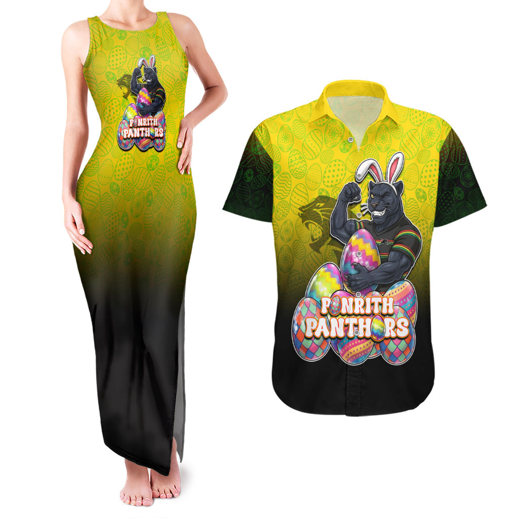 Personalized Penrith Panthers Couples Matching Tank Maxi Dress and Hawaiian Shirt Easter Mascot - Colorful Eggs Cartoon Style