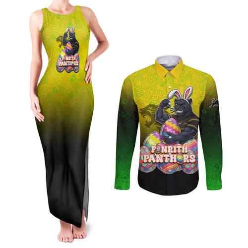 Personalized Penrith Panthers Couples Matching Tank Maxi Dress and Long Sleeve Button Shirt Easter Mascot - Colorful Eggs Cartoon Style