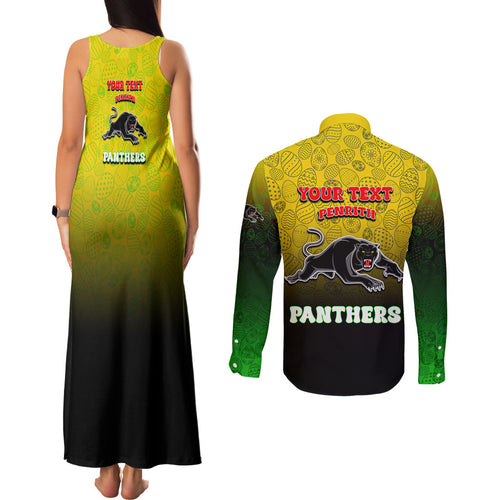 Personalized Penrith Panthers Couples Matching Tank Maxi Dress and Long Sleeve Button Shirt Easter Mascot - Colorful Eggs Cartoon Style