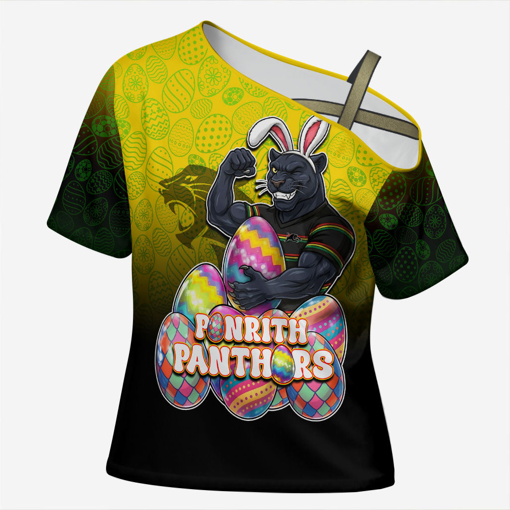 Personalized Penrith Panthers Cross Shoulder Shirt Easter Mascot - Colorful Eggs Cartoon Style