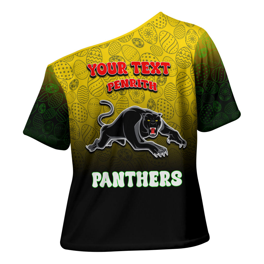 Personalized Penrith Panthers Cross Shoulder Shirt Easter Mascot - Colorful Eggs Cartoon Style