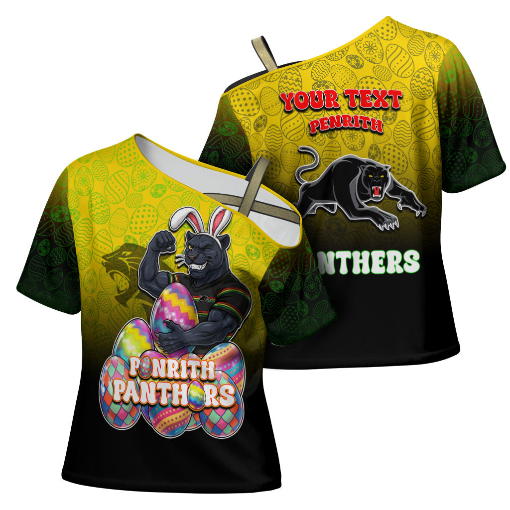 Personalized Penrith Panthers Cross Shoulder Shirt Easter Mascot - Colorful Eggs Cartoon Style