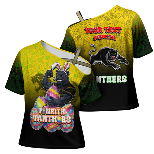 Personalized Penrith Panthers Cross Shoulder Shirt Easter Mascot - Colorful Eggs Cartoon Style