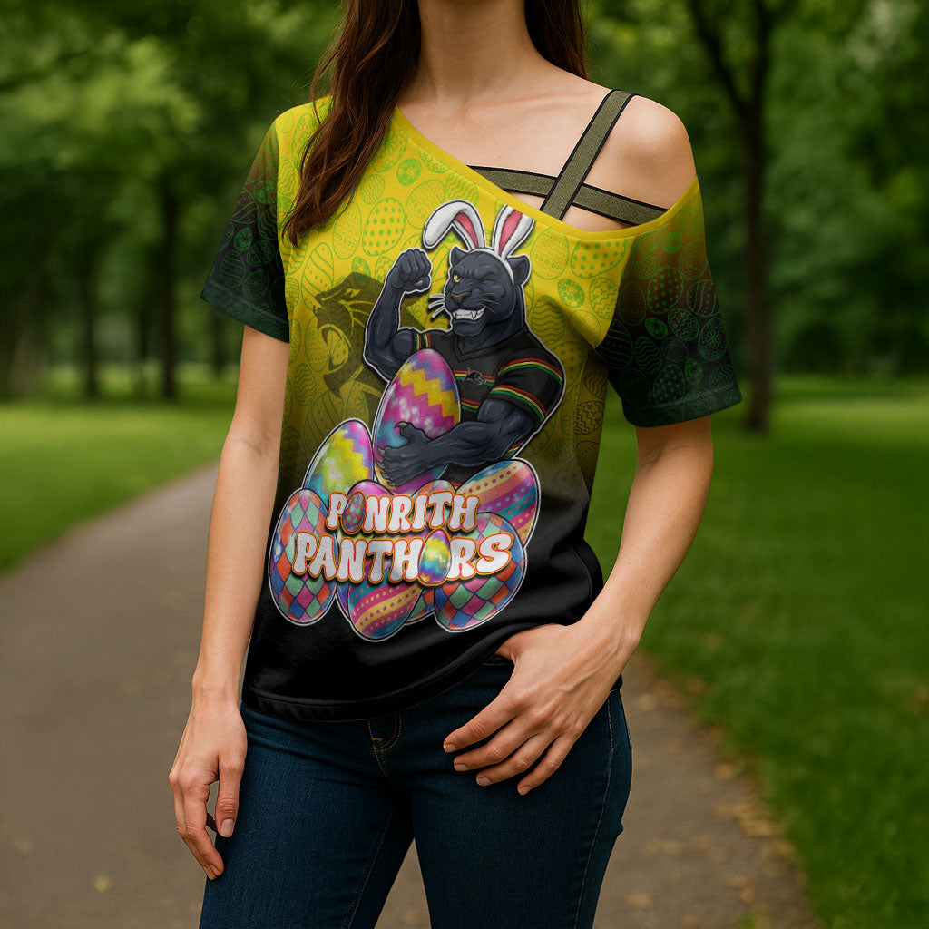 Personalized Penrith Panthers Cross Shoulder Shirt Easter Mascot - Colorful Eggs Cartoon Style