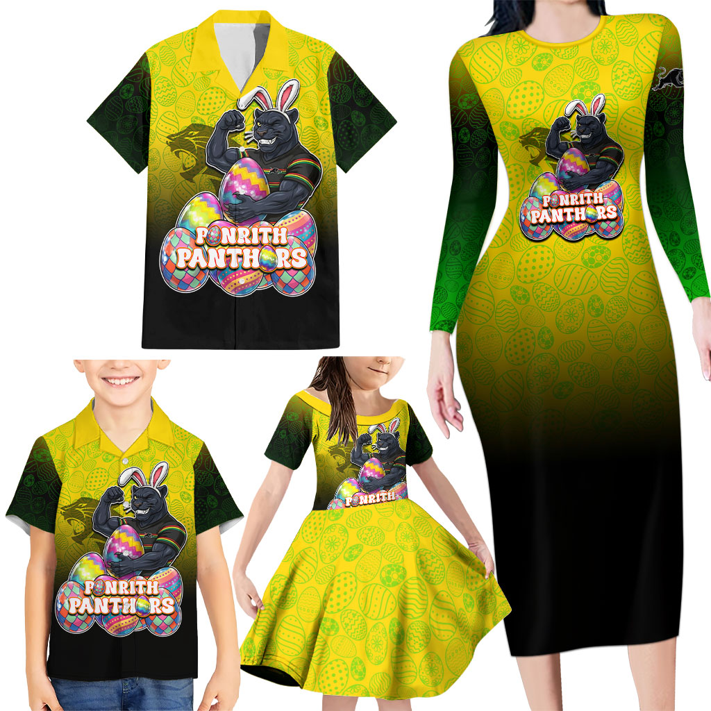 Personalized Penrith Panthers Family Matching Long Sleeve Bodycon Dress and Hawaiian Shirt Easter Mascot - Colorful Eggs Cartoon Style
