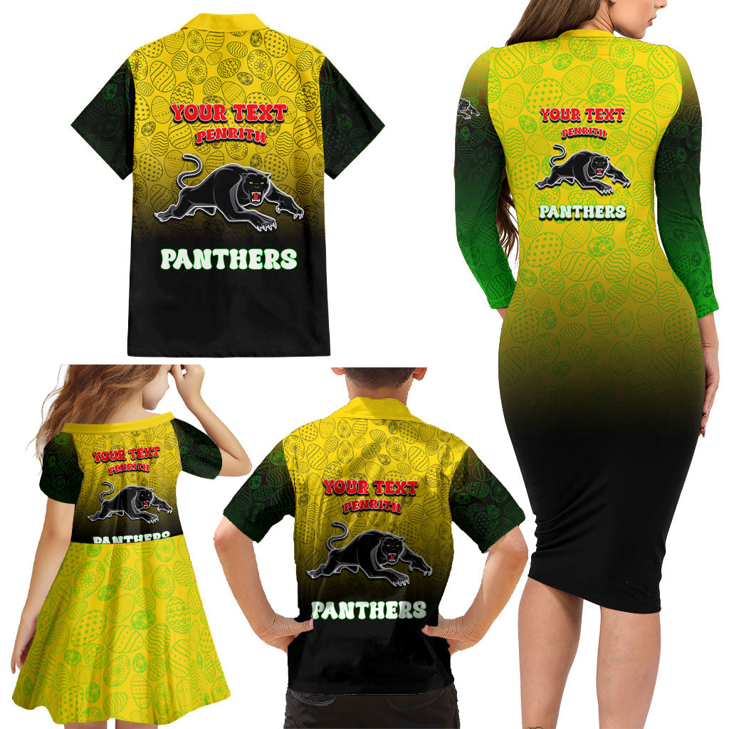 Personalized Penrith Panthers Family Matching Long Sleeve Bodycon Dress and Hawaiian Shirt Easter Mascot - Colorful Eggs Cartoon Style