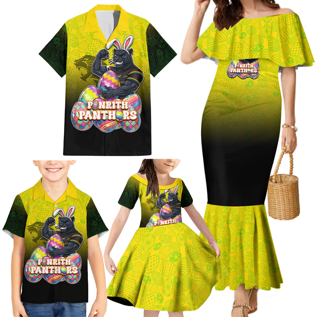 Personalized Penrith Panthers Family Matching Mermaid Dress and Hawaiian Shirt Easter Mascot - Colorful Eggs Cartoon Style