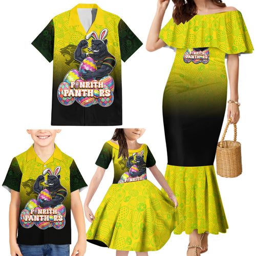Personalized Penrith Panthers Family Matching Mermaid Dress and Hawaiian Shirt Easter Mascot - Colorful Eggs Cartoon Style