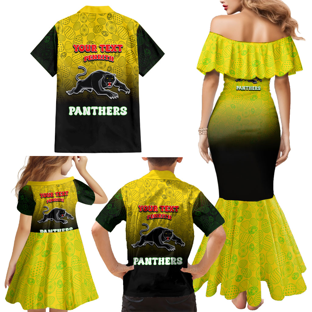 Personalized Penrith Panthers Family Matching Mermaid Dress and Hawaiian Shirt Easter Mascot - Colorful Eggs Cartoon Style