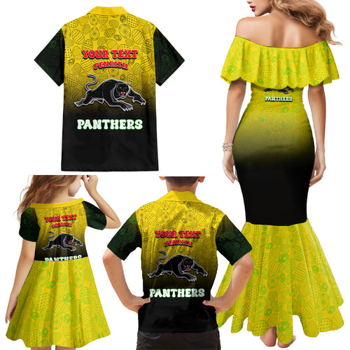 Personalized Penrith Panthers Family Matching Mermaid Dress and Hawaiian Shirt Easter Mascot - Colorful Eggs Cartoon Style