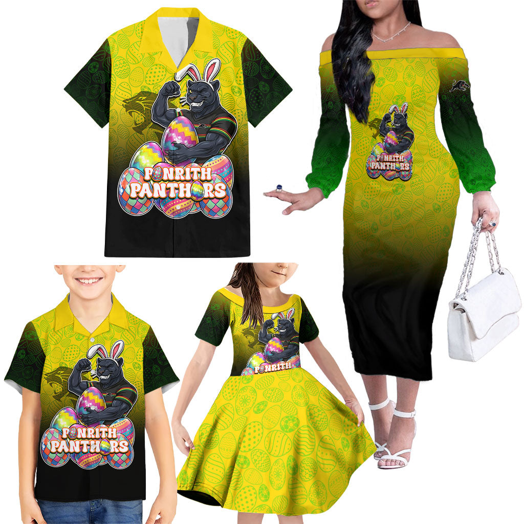Personalized Penrith Panthers Family Matching Off The Shoulder Long Sleeve Dress and Hawaiian Shirt Easter Mascot - Colorful Eggs Cartoon Style