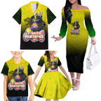 Personalized Penrith Panthers Family Matching Off The Shoulder Long Sleeve Dress and Hawaiian Shirt Easter Mascot - Colorful Eggs Cartoon Style