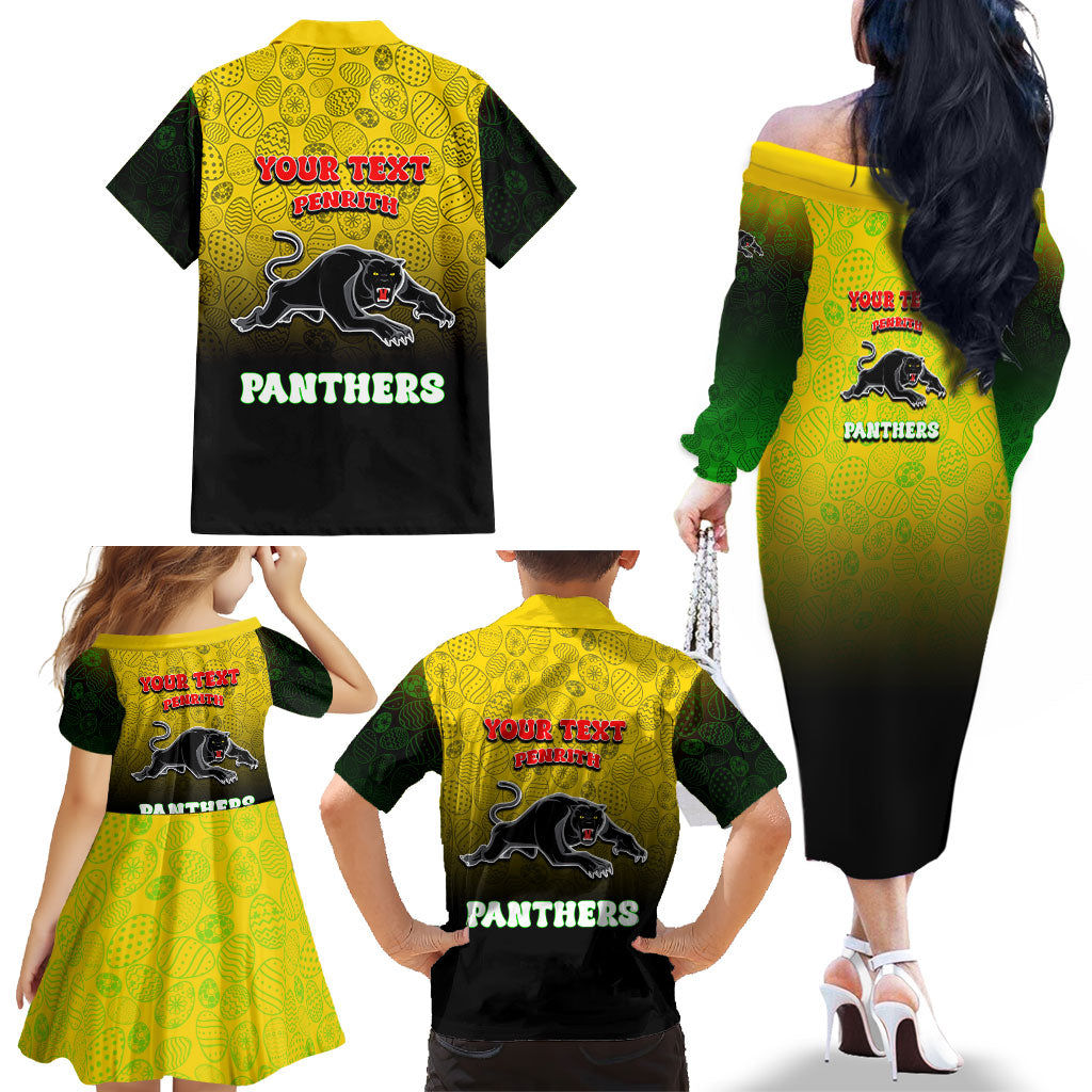 Personalized Penrith Panthers Family Matching Off The Shoulder Long Sleeve Dress and Hawaiian Shirt Easter Mascot - Colorful Eggs Cartoon Style