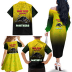 Personalized Penrith Panthers Family Matching Off The Shoulder Long Sleeve Dress and Hawaiian Shirt Easter Mascot - Colorful Eggs Cartoon Style